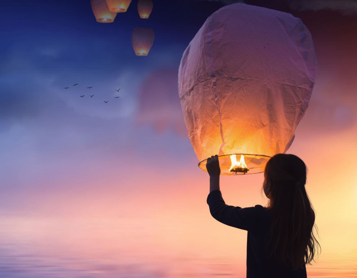 Girl setting a sky lantern afloat in Taiwan. Based on Pixabay's royalty free image. Revised by Alexa Joubin.